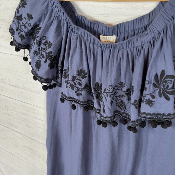 Umgee Dress Womens Size Medium Navy and Black Off the Shoulder Pom Poms Mini - Picture 6 of 14